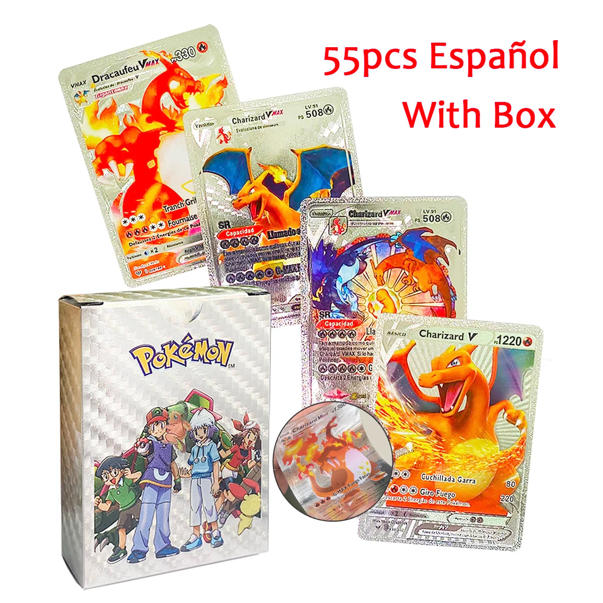 11-110Pcs Pokemon Cards Gold Foil Golden Letters English Spanish French German Game Card Metalicas Charizard Vmax Gx Series Gift