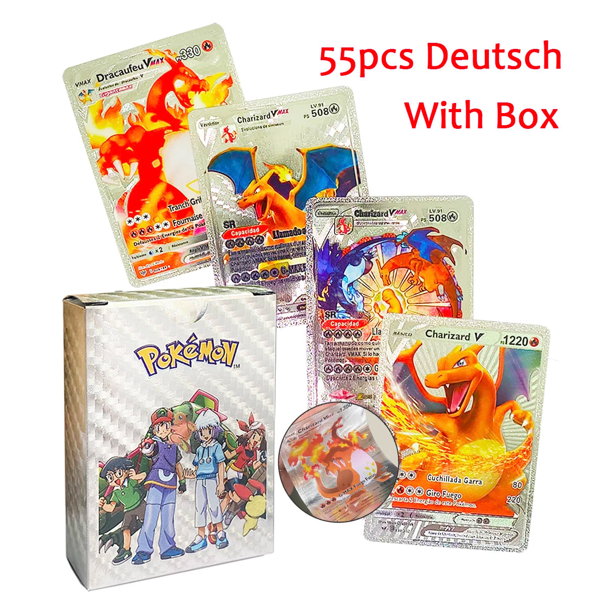 11-110Pcs Pokemon Cards Gold Foil Golden Letters English Spanish French German Game Card Metalicas Charizard Vmax Gx Series Gift