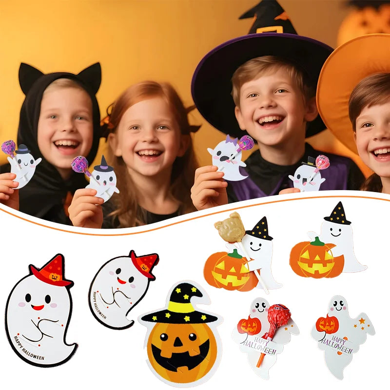 50pcs Halloween Candy Package Card Pumpkin Ghost Pattern Orange Lollipop Packing Card DIY Kid Halloween Party Decoation Supplies