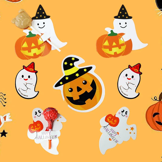 50pcs Halloween Candy Package Card Pumpkin Ghost Pattern Orange Lollipop Packing Card DIY Kid Halloween Party Decoation Supplies