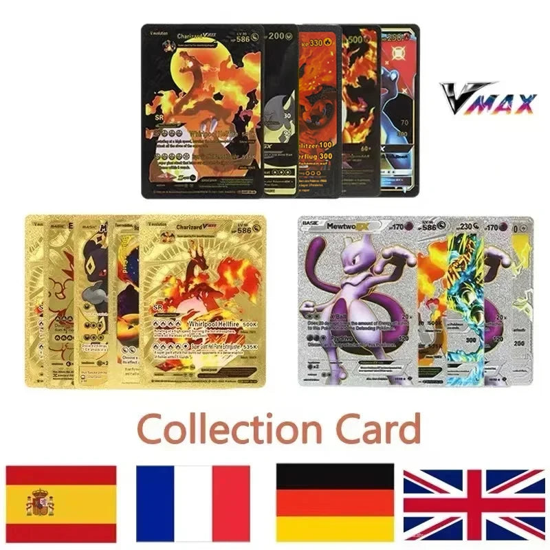 11-110Pcs Pokemon Cards Gold Foil Golden Letters English Spanish French German Game Card Metalicas Charizard Vmax Gx Series Gift