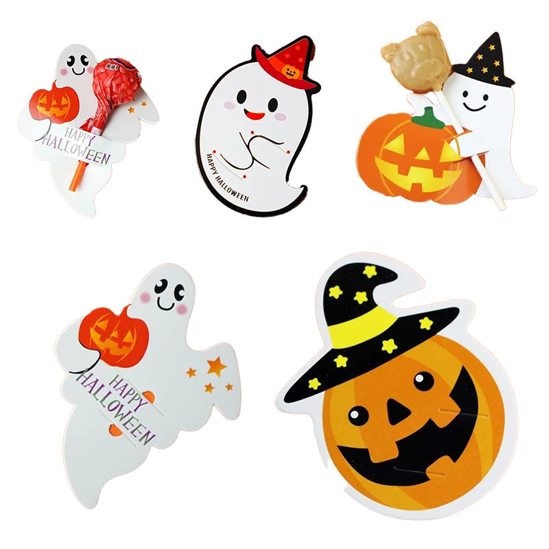 50pcs Halloween Candy Package Card Pumpkin Ghost Pattern Orange Lollipop Packing Card DIY Kid Halloween Party Decoation Supplies