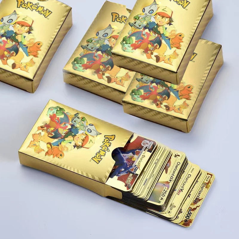 11-110Pcs Pokemon Cards Gold Foil Golden Letters English Spanish French German Game Card Metalicas Charizard Vmax Gx Series Gift