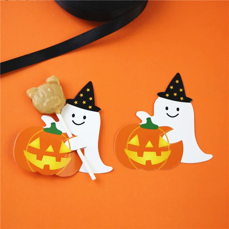 50pcs Halloween Candy Package Card Pumpkin Ghost Pattern Orange Lollipop Packing Card DIY Kid Halloween Party Decoation Supplies