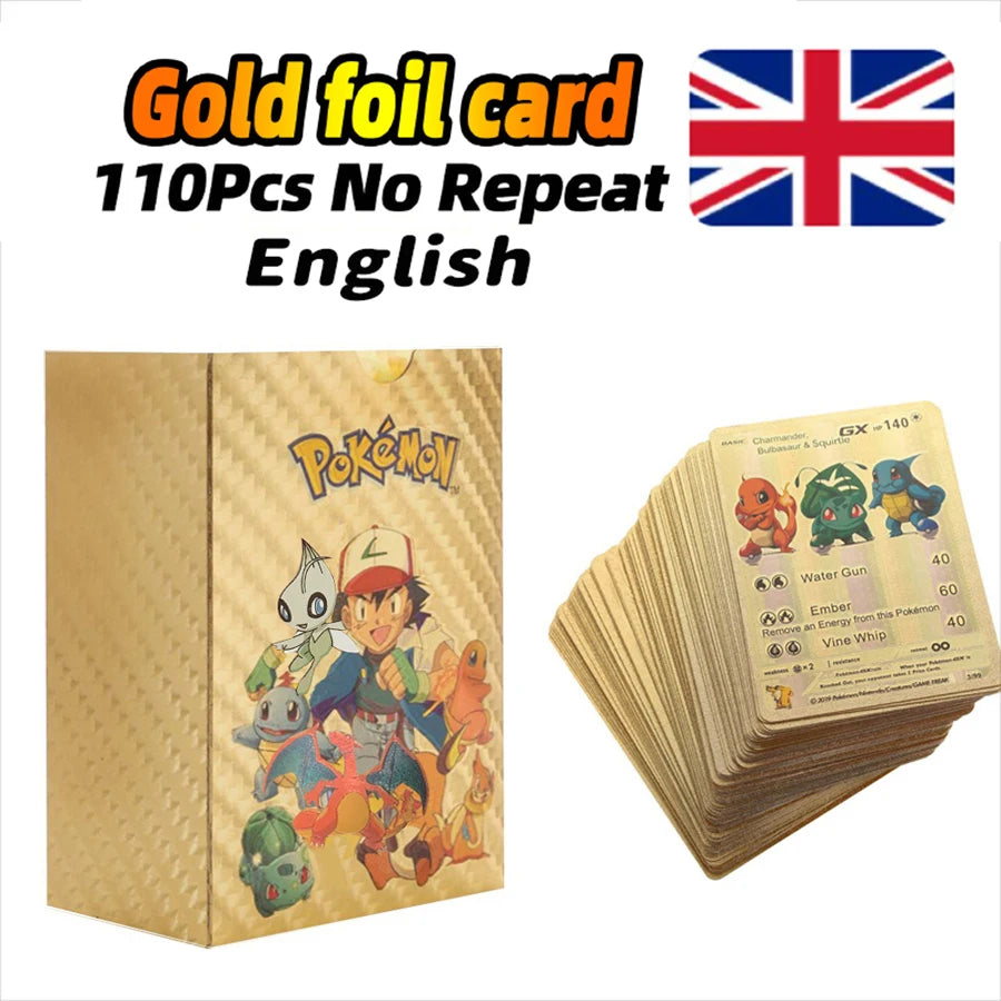 11-110Pcs Pokemon Cards Gold Foil Golden Letters English Spanish French German Game Card Metalicas Charizard Vmax Gx Series Gift