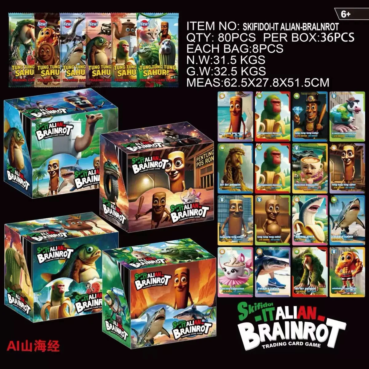 AI Brainrot Italian Collection Card Trend Card Blind Box TungTung Wooden Man Tralalelo Tralala Shark Card Game Toy Birthday Gift