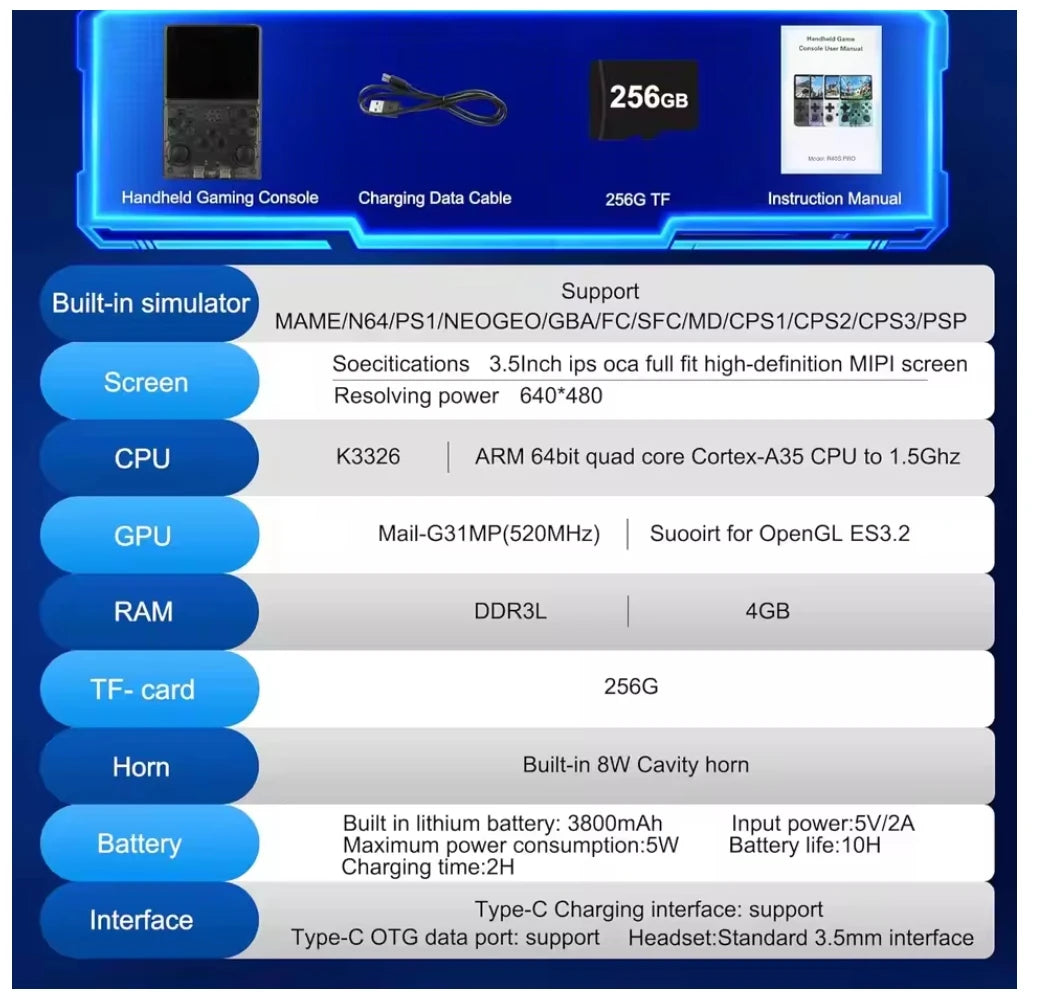 R40S Pro Game Console Retro Handheld Game Linux System 3.5 Inch IPS Screen Mini Potable Pocket Video Game Consola 256G Game Kid