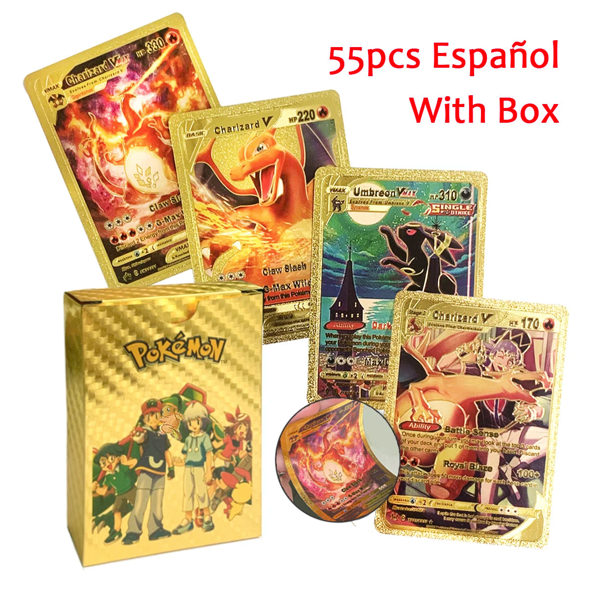 11-110Pcs Pokemon Cards Gold Foil Golden Letters English Spanish French German Game Card Metalicas Charizard Vmax Gx Series Gift