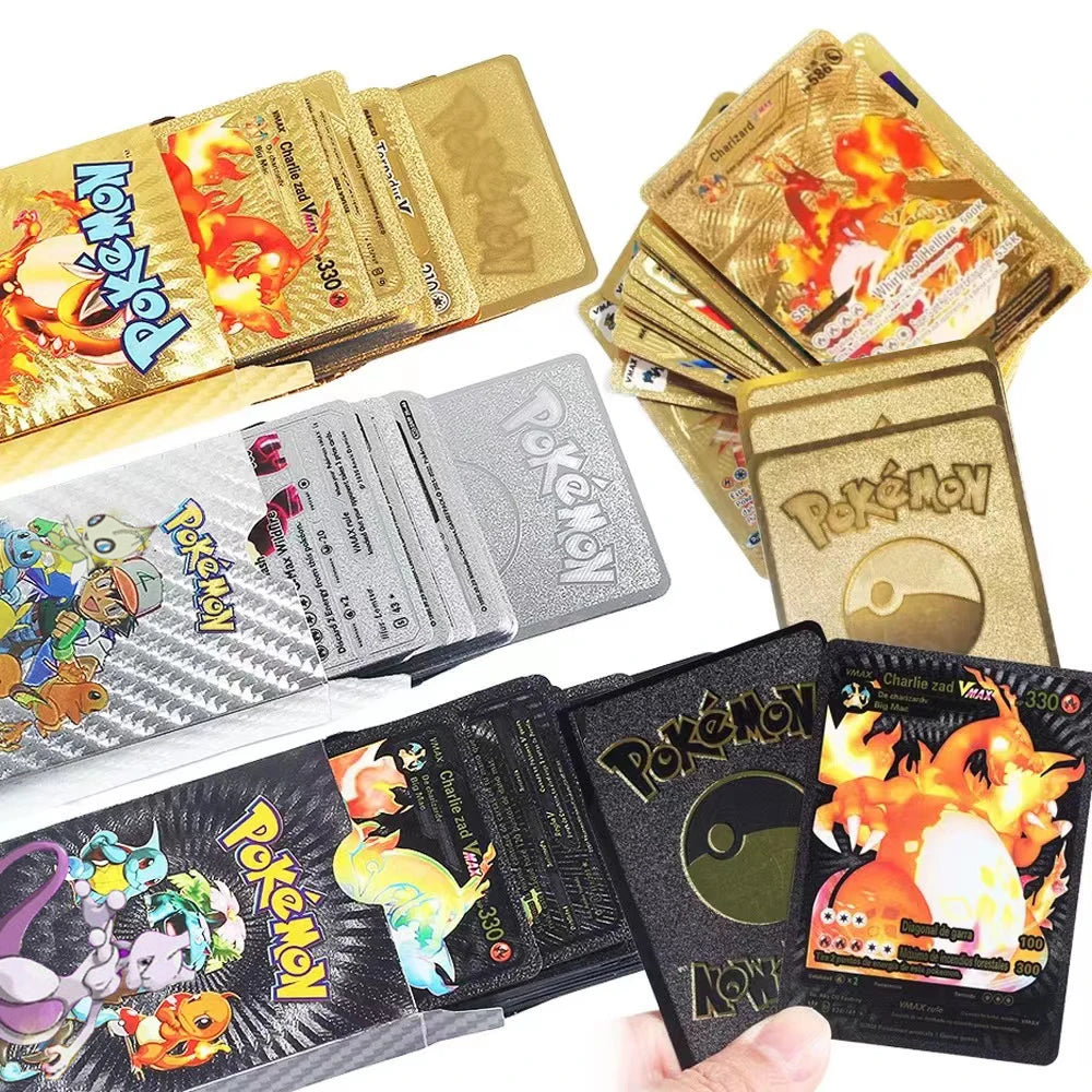 11-110Pcs Pokemon Cards Gold Foil Golden Letters English Spanish French German Game Card Metalicas Charizard Vmax Gx Series Gift