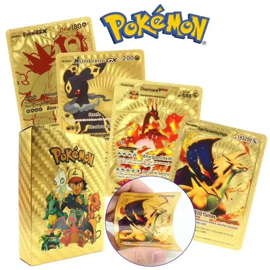 11-110Pcs Pokemon Cards Gold Foil Golden Letters English Spanish French German Game Card Metalicas Charizard Vmax Gx Series Gift