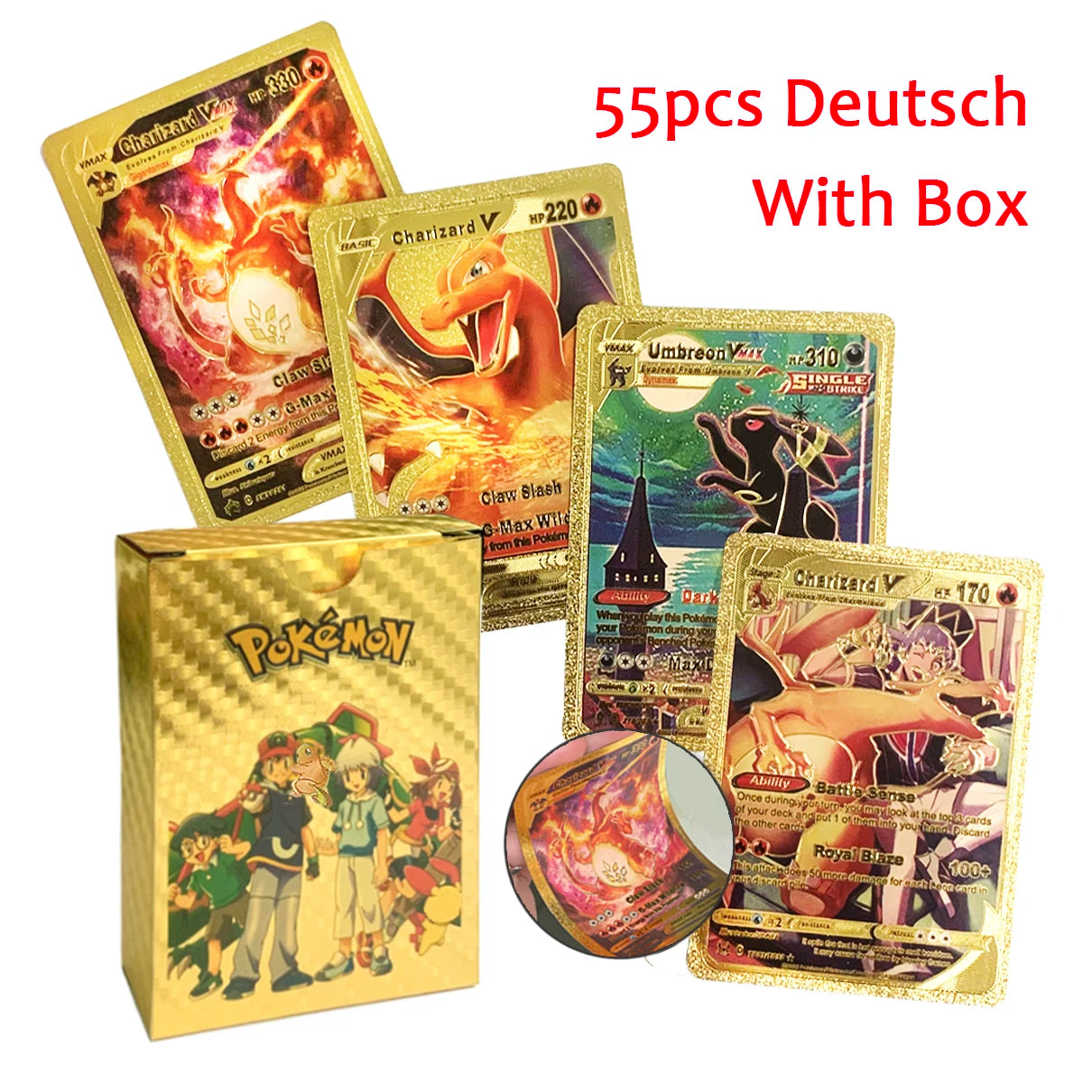 11-110Pcs Pokemon Cards Gold Foil Golden Letters English Spanish French German Game Card Metalicas Charizard Vmax Gx Series Gift