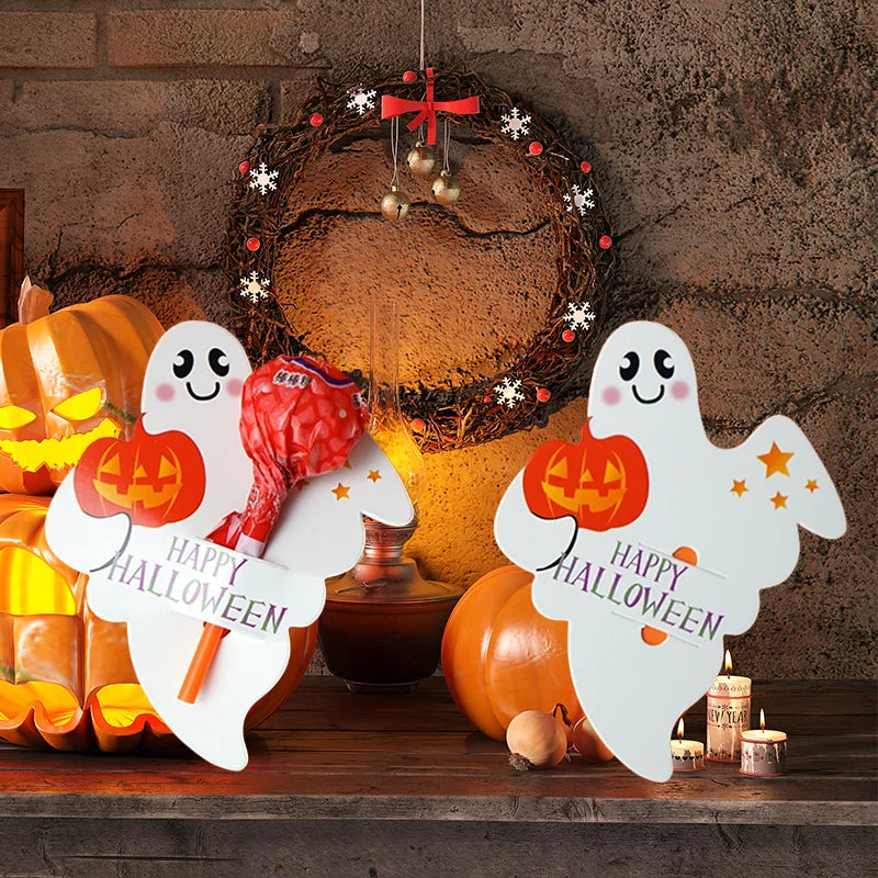 50pcs Halloween Candy Package Card Pumpkin Ghost Pattern Orange Lollipop Packing Card DIY Kid Halloween Party Decoation Supplies